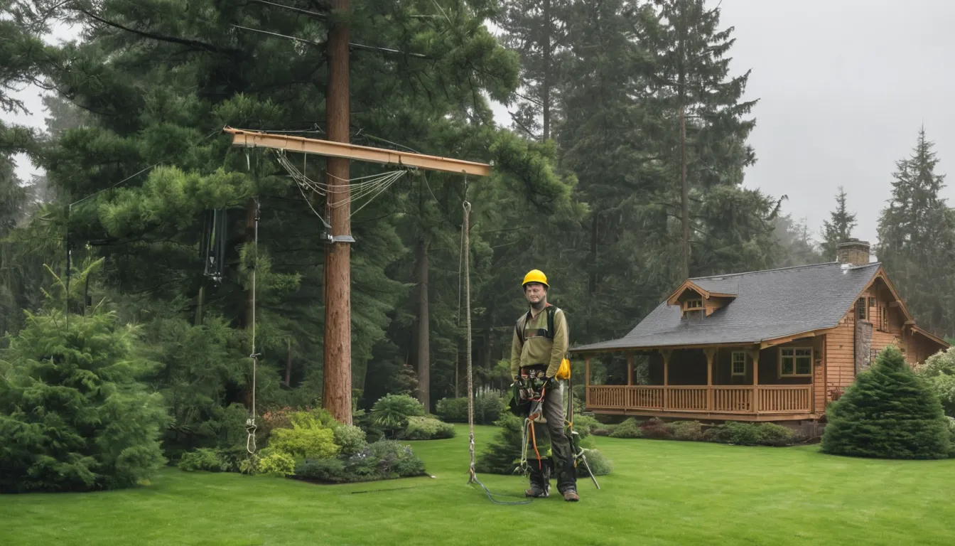 A tree removal provider working on a large tree beside a wood-frame home in Bellevue